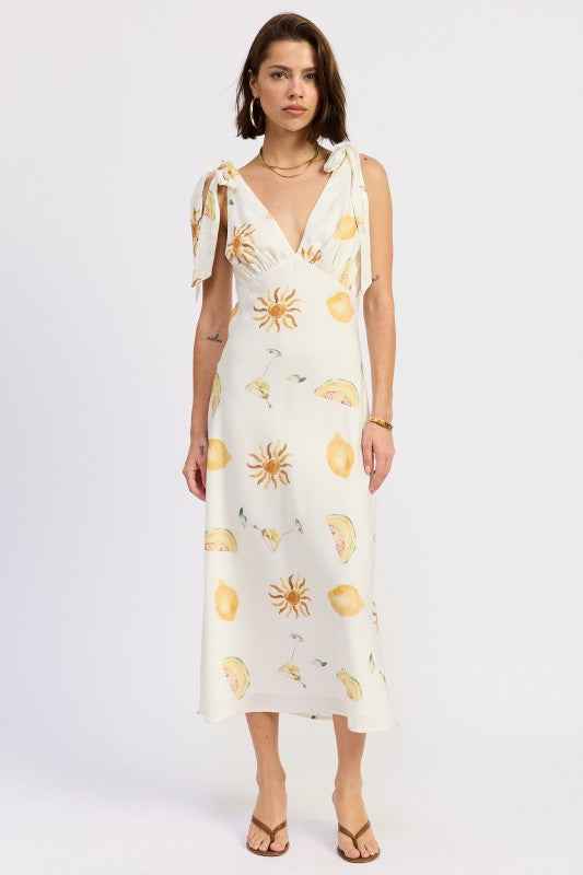 V NECK MIDI DRESS WITH SHOULDER BOW TIE