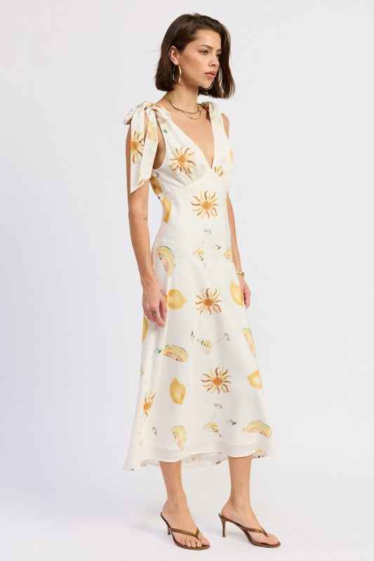 V NECK MIDI DRESS WITH SHOULDER BOW TIE