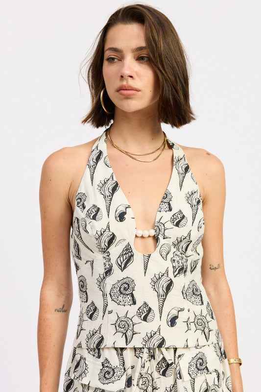 BEADED CUTOUT HALTER TOP