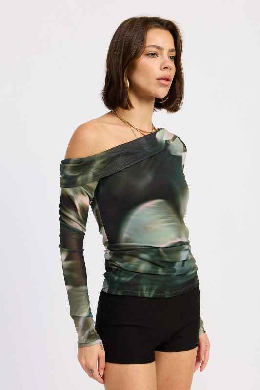 ASYMMETRICAL OFF SHOULDER MESH TOP