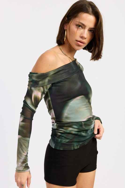 ASYMMETRICAL OFF SHOULDER MESH TOP