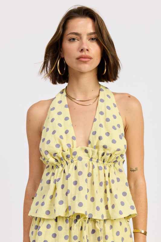 TIE BACK HALTER TOP WITH RUFFLE DETAIL