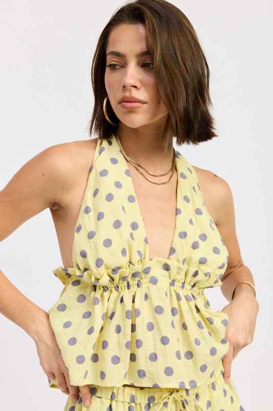 TIE BACK HALTER TOP WITH RUFFLE DETAIL