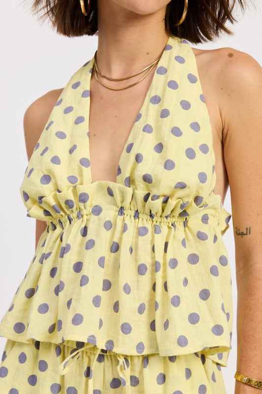 TIE BACK HALTER TOP WITH RUFFLE DETAIL