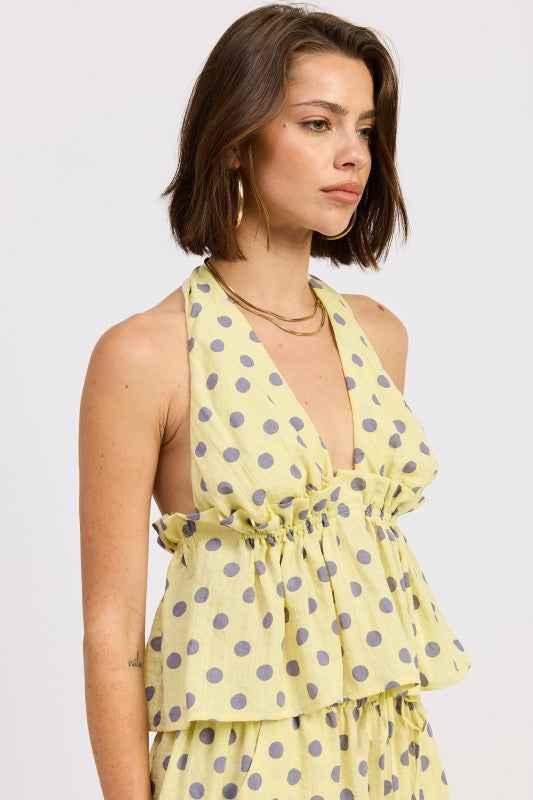 TIE BACK HALTER TOP WITH RUFFLE DETAIL