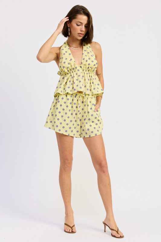 TIE BACK HALTER TOP WITH RUFFLE DETAIL