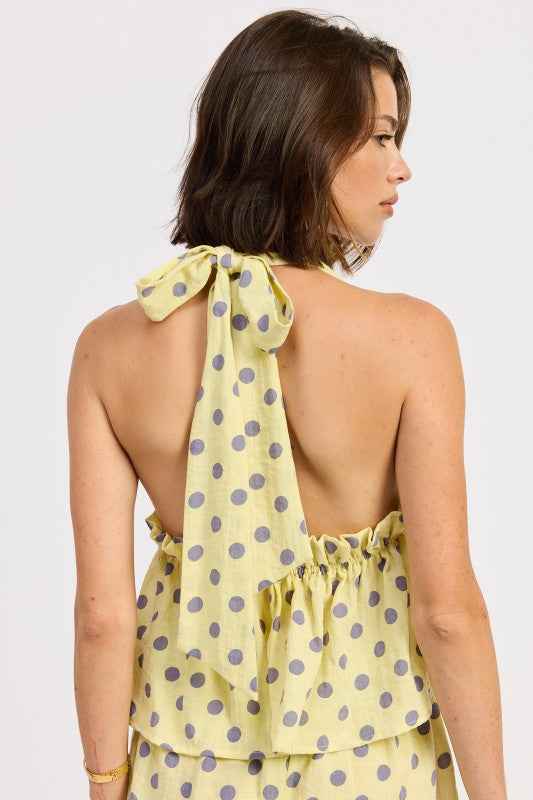 TIE BACK HALTER TOP WITH RUFFLE DETAIL