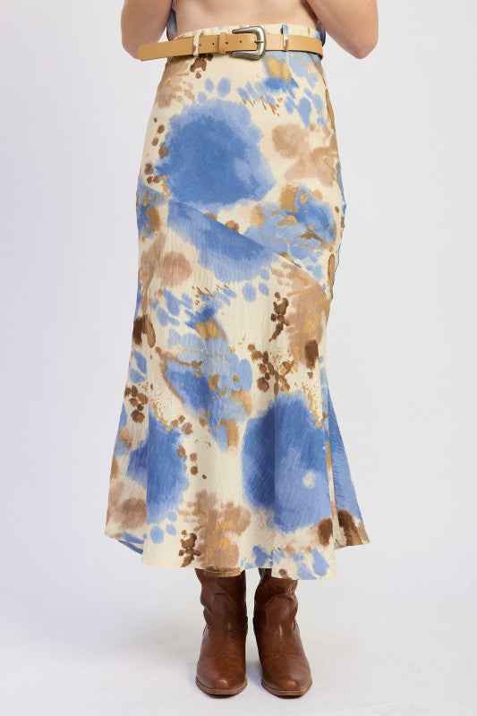 BIAS ABSTRACT BELTED MAXI SKIRT