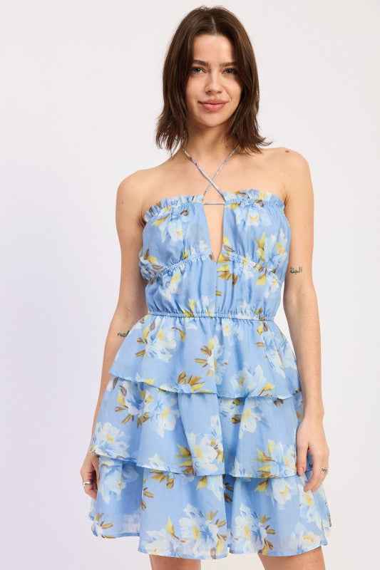 OFF SHOULDER TIERED MINI FLORAL DRESS