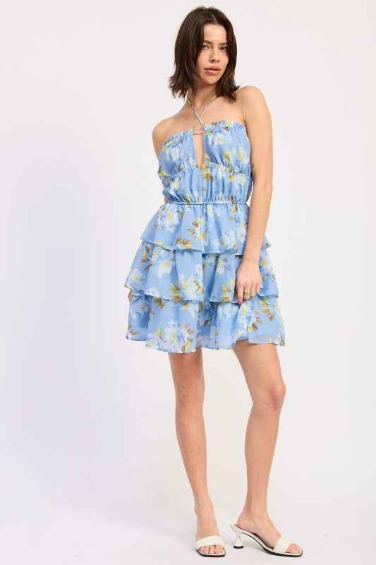 OFF SHOULDER TIERED MINI FLORAL DRESS