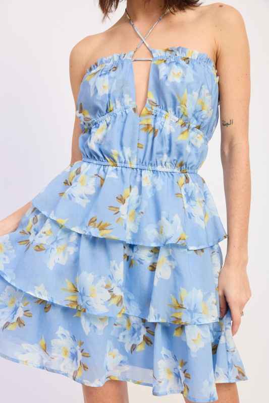 OFF SHOULDER TIERED MINI FLORAL DRESS