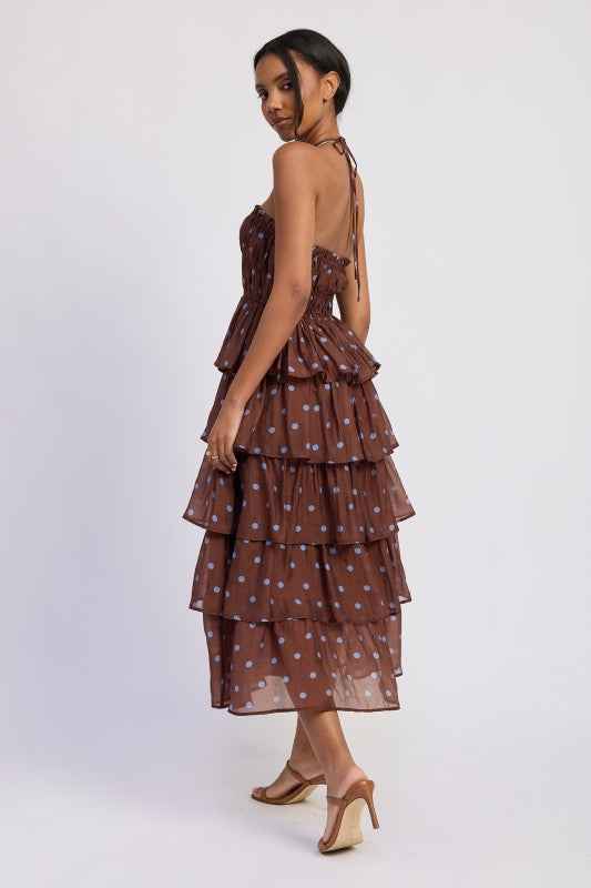 TIERED RUFFLE MAXI HALTER DRESS