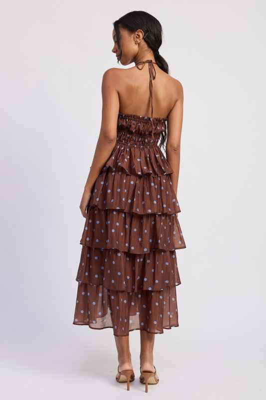 TIERED RUFFLE MAXI HALTER DRESS