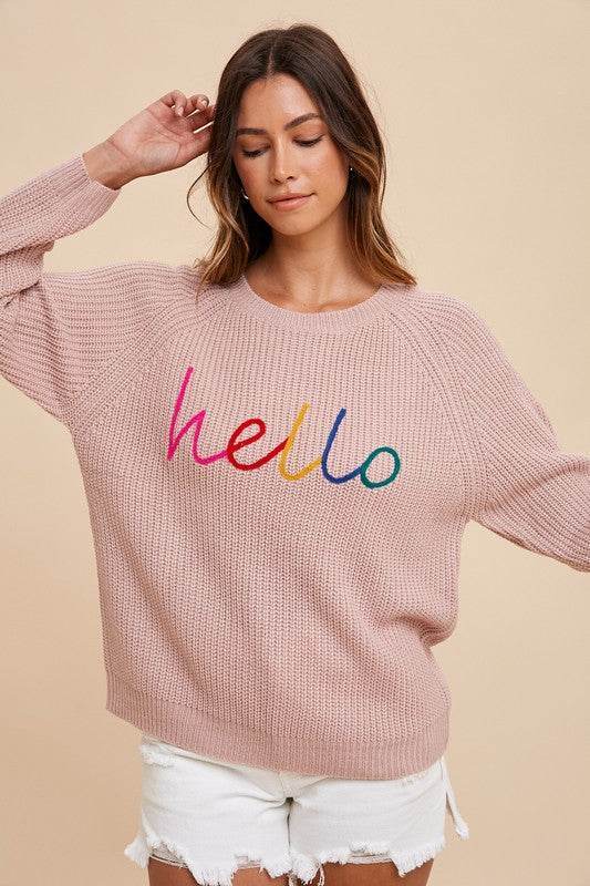 HELLO Embroidered Sweater with Raglan Sleeves - Akana Style