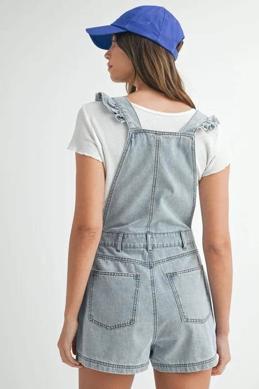 Square Neck Denim Overall Romper with Ruffle Shoulders - Akana Style