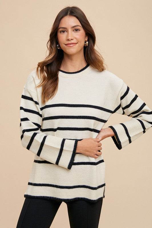 Side Slit Striped Sweater with Round Neck for Effortless Style - Akana Style