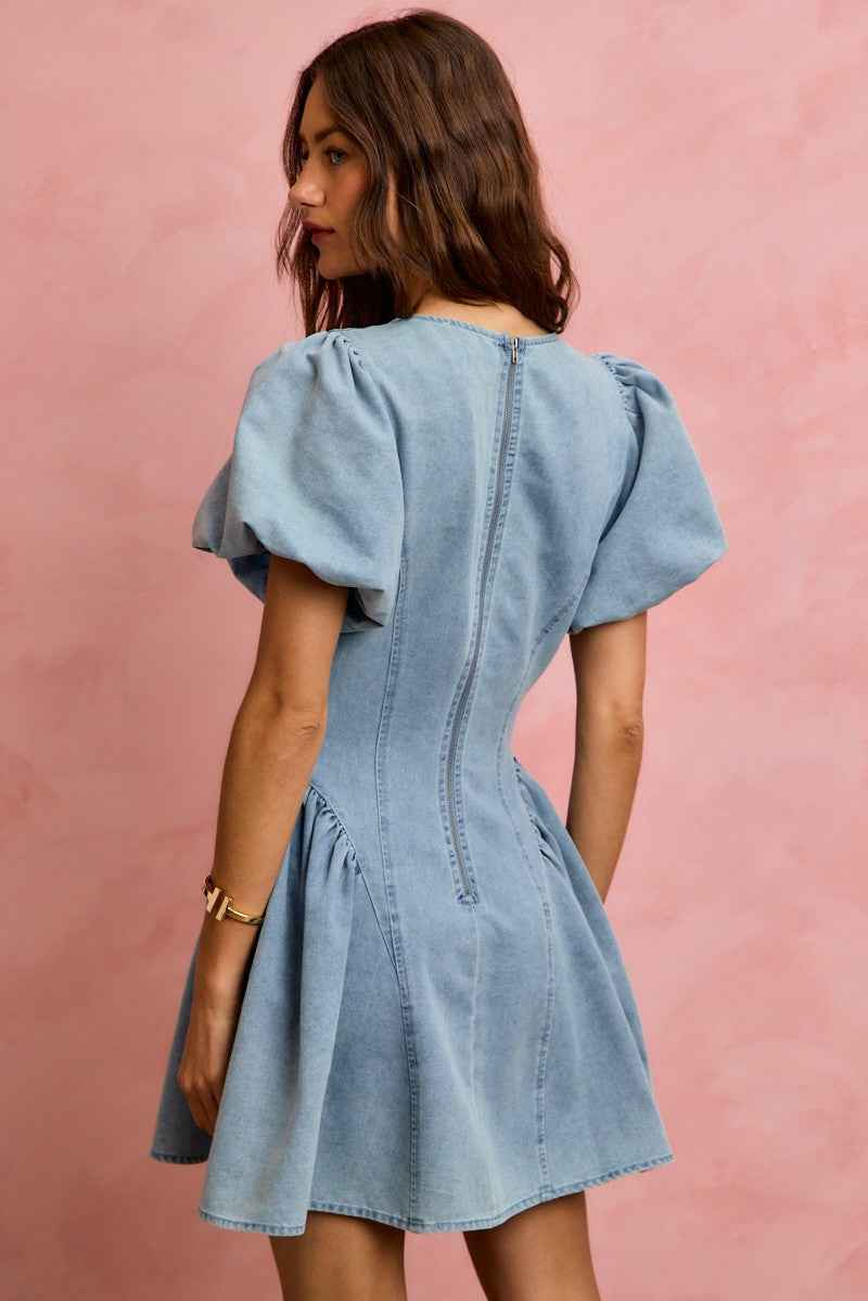 Bubble Sleeves Denim Fit And Flare Mini Dress