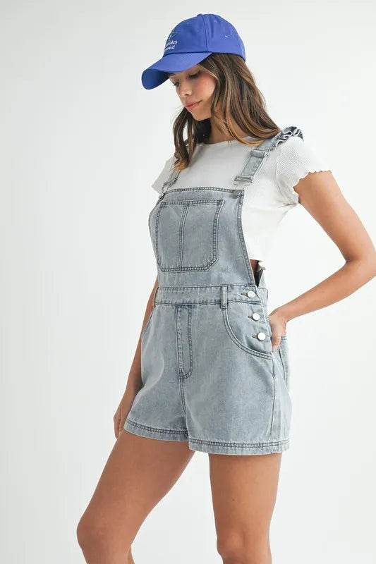 Square Neck Denim Overall Romper with Ruffle Shoulders - Akana Style