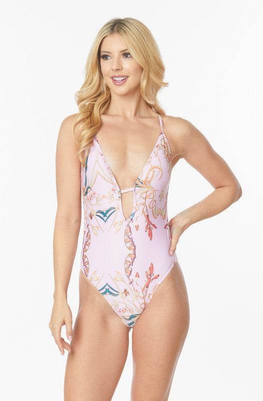 Floral Print One Piece Bathing Suit with Deep Cut Front - Akana Style