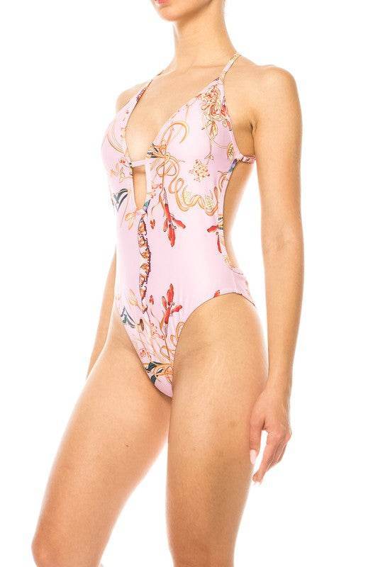 Floral Print One Piece Bathing Suit with Deep Cut Front - Akana Style