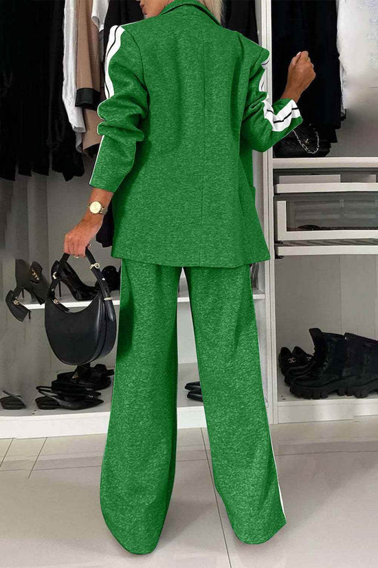 Full Size Contrast Lapel Collar Set - Stylish Top and Pants Outfit - Akana Style