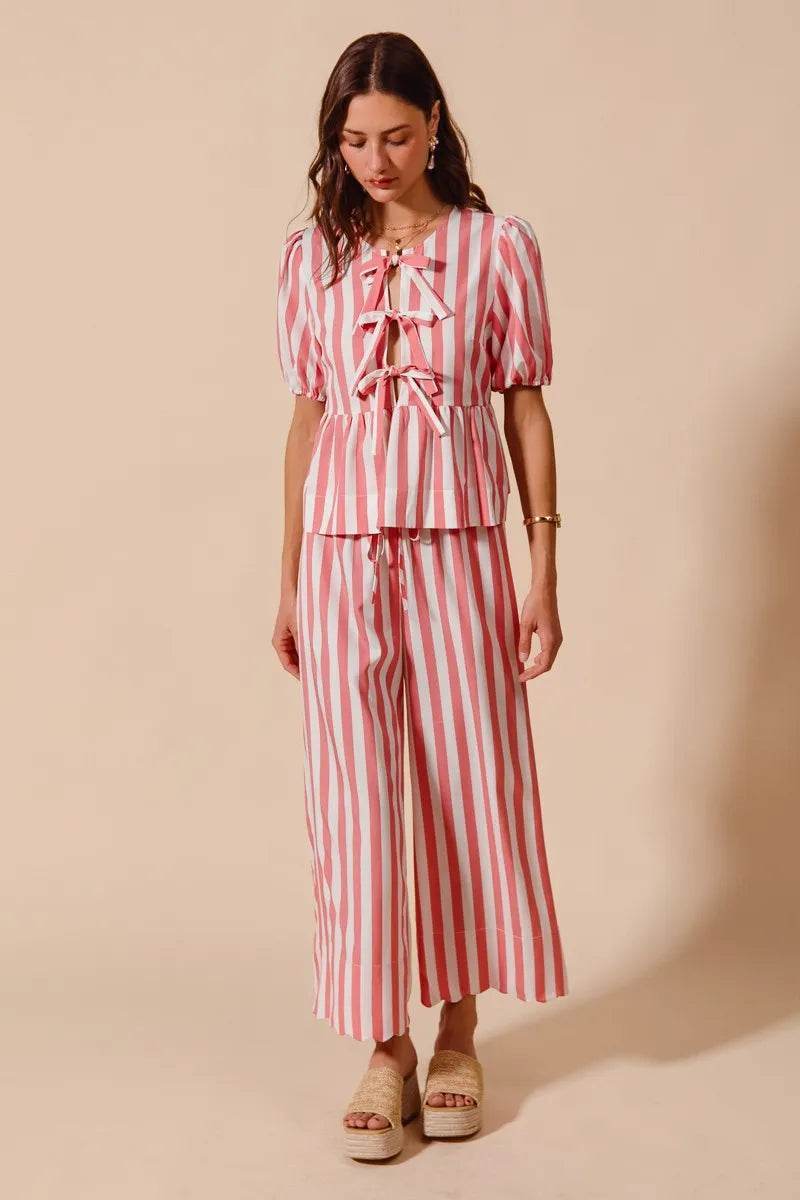 Front Tie Stripe Top Set with Puff Sleeves and Wide Leg Pants - Akana Style
