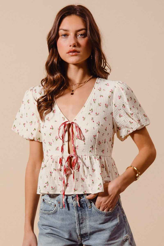 Ditsy Floral Print Gauze Tie-Front Blouse
