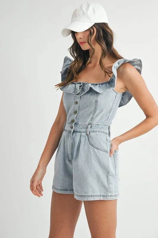 Off Shoulder Denim Romper with Ruffle Detail - Akana Style