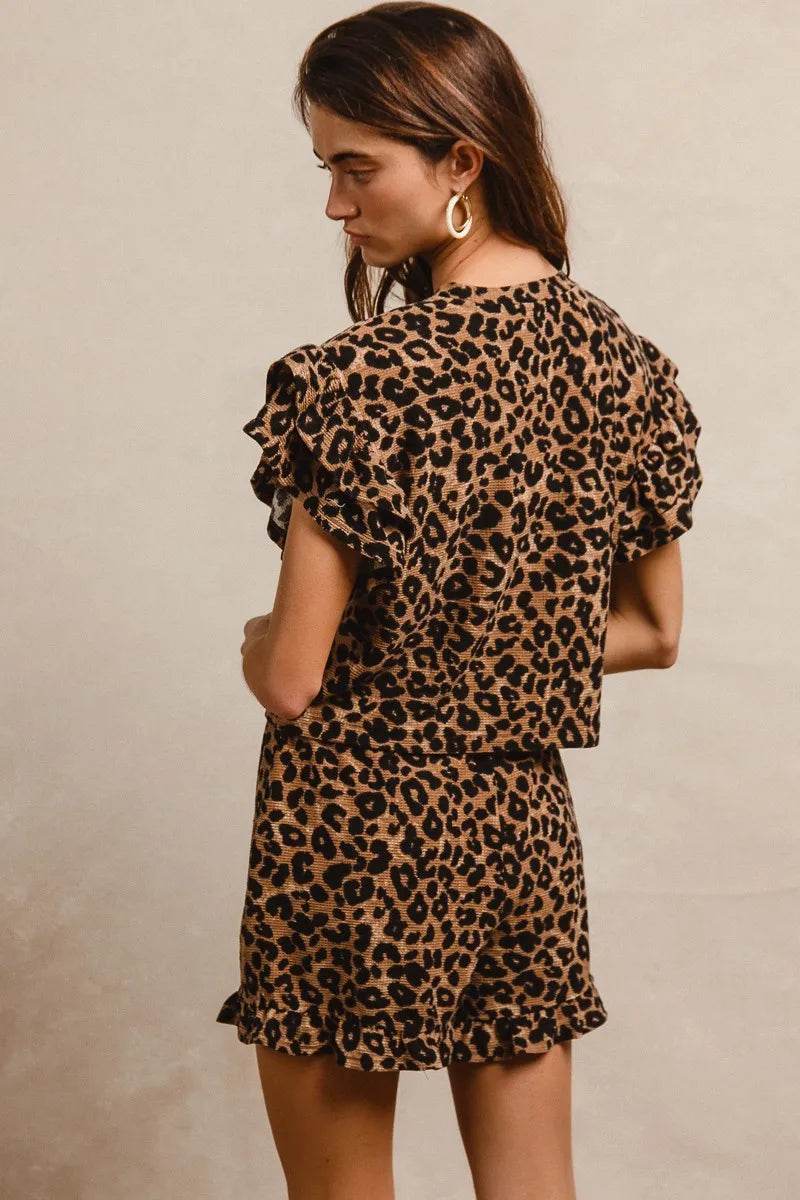 Leopard Print Ruffle Sleeve Set with Waffle Texture Layered Top and Shorts - Akana Style