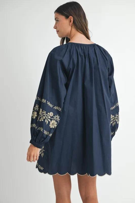 Embroidered Peasant Mini Dress with Long Sleeves - Akana Style