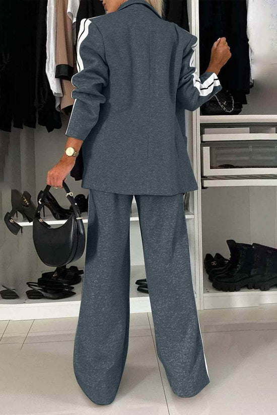 Full Size Contrast Lapel Collar Set - Stylish Top and Pants Outfit - Akana Style