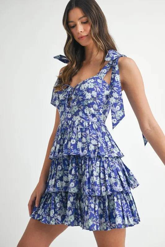 Floral Print Mini Dress with Shoulder Ties and Layered Design - Akana Style