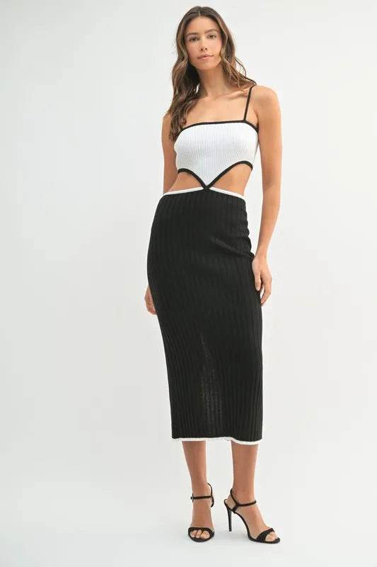 Ribbed Knit Color Block Dress with Cutout - Stylish Midi Dress - Akana Style