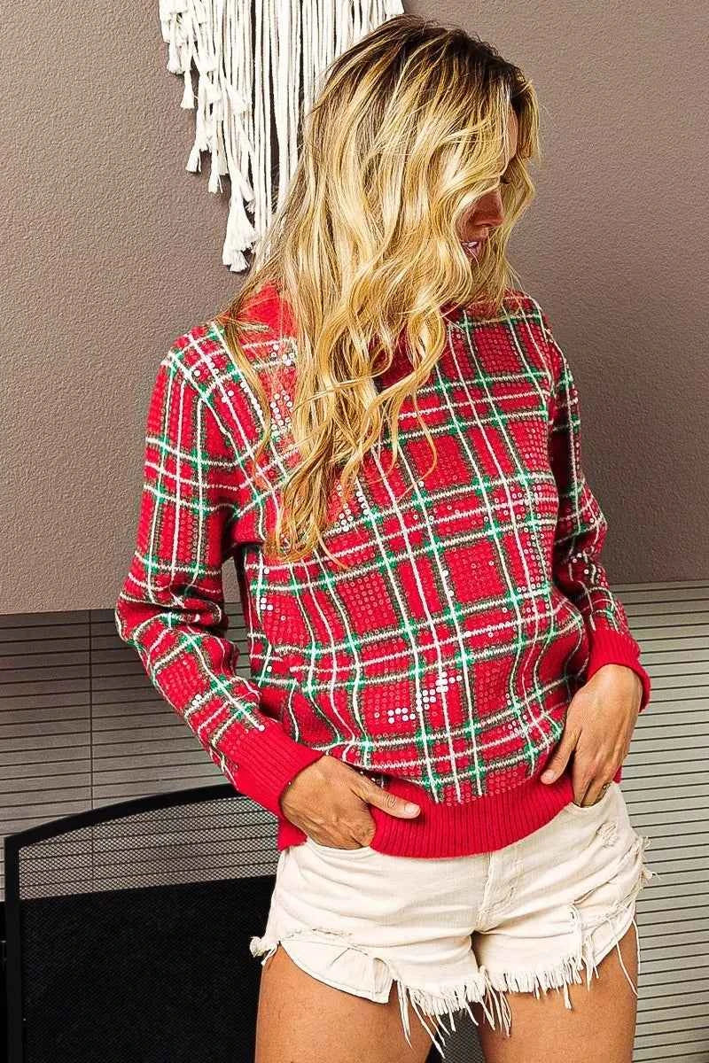 Clear Sequin Plaid Sweater