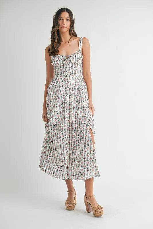 Floral Print Midi Dress with Bustier Back Lace Up Design - Akana Style