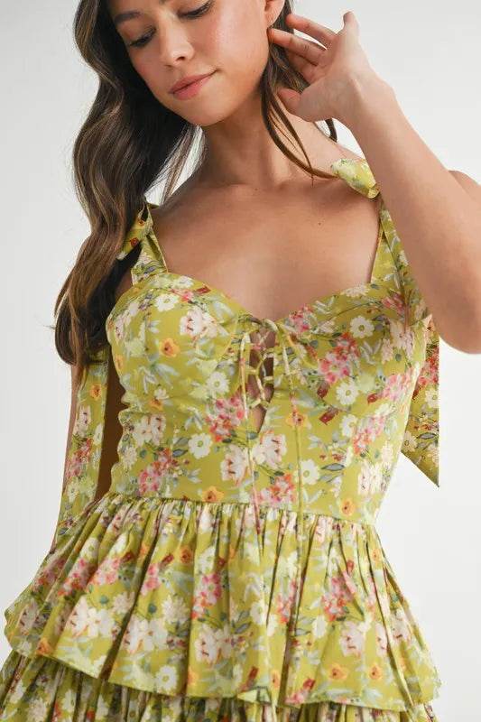 Floral Print Mini Dress with Shoulder Ties and Layered Design - Akana Style