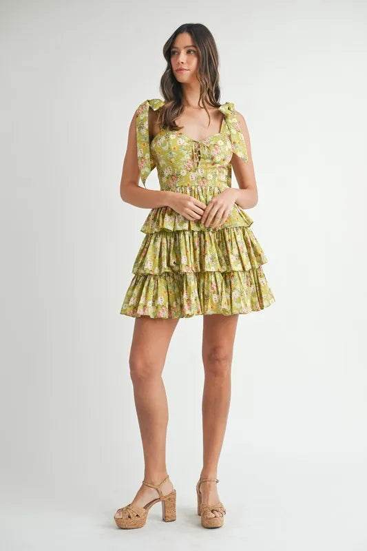 Floral Print Mini Dress with Shoulder Ties and Layered Design - Akana Style