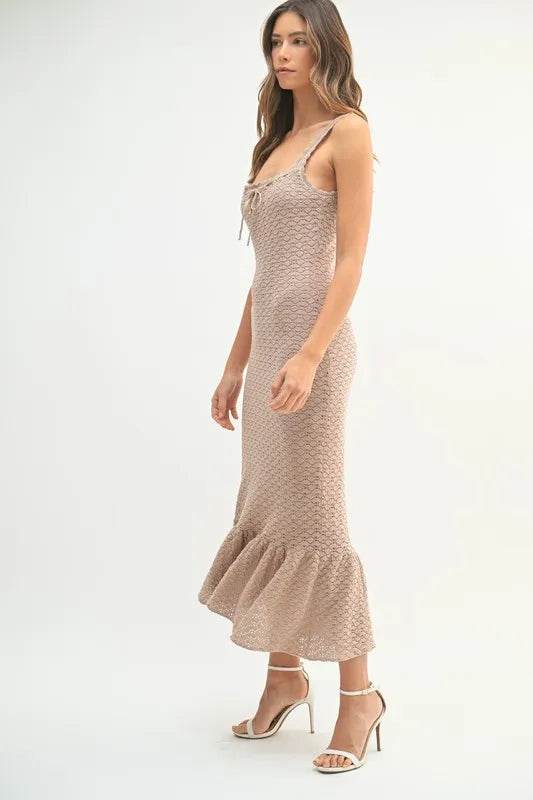 Ruffled Hem Crochet Knit Midi Dress for Effortless Style - Akana Style