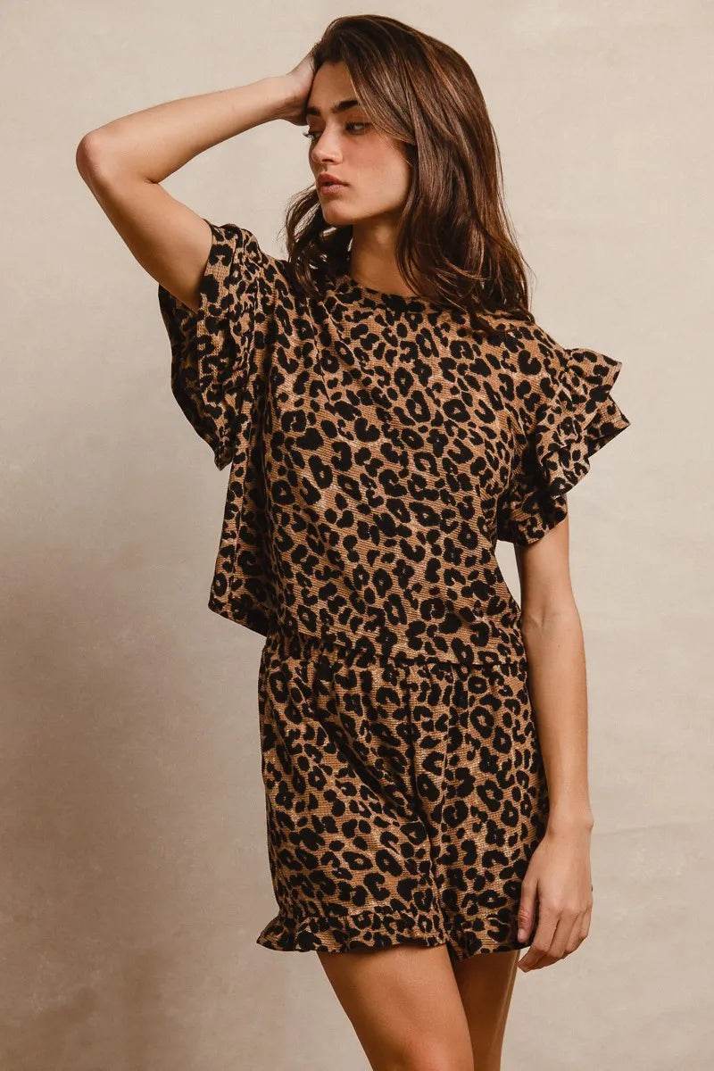 Leopard Print Ruffle Sleeve Set with Waffle Texture Layered Top and Shorts - Akana Style