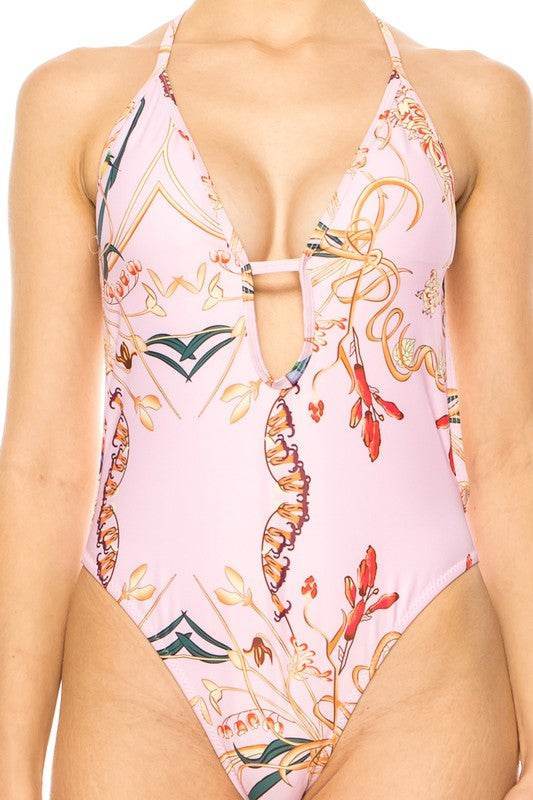 Floral Print One Piece Bathing Suit with Deep Cut Front - Akana Style