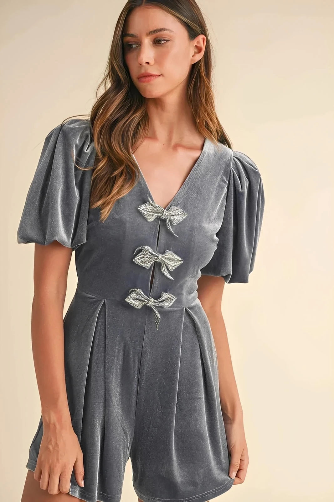 Puff Sleeve Velvet Romper