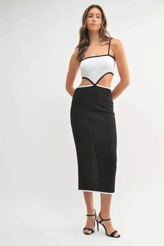 Ribbed Knit Color Block Dress with Cutout - Stylish Midi Dress - Akana Style