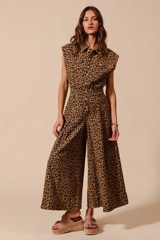 Wide Leg Leopard Twill Overalls Jumpsuit with Tuck - Akana