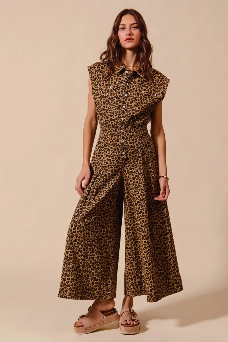 Wide Leg Leopard Twill Overalls Jumpsuit with Tuck - Akana