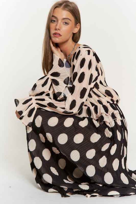 Polka Dot Maxi Dress with Ruffled Long Sleeves and Pleated Design - Akana Style