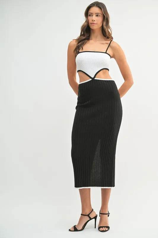 Ribbed Knit Color Block Dress with Cutout - Stylish Midi Dress - Akana Style