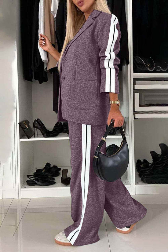 Full Size Contrast Lapel Collar Set - Stylish Top and Pants Outfit - Akana Style