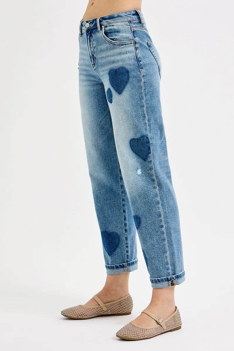 RISEN Plus Size Boyfriend Jeans - Full Size Mid Rise Fit with Heart Shade - Akana Style