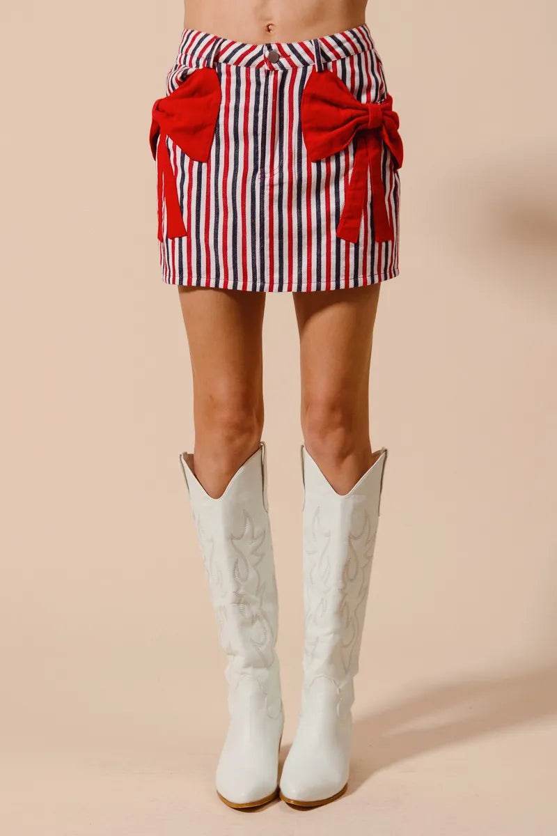 Contrast Bow Knot Pocket Fourth Of July Denim Skirt - Akana Style