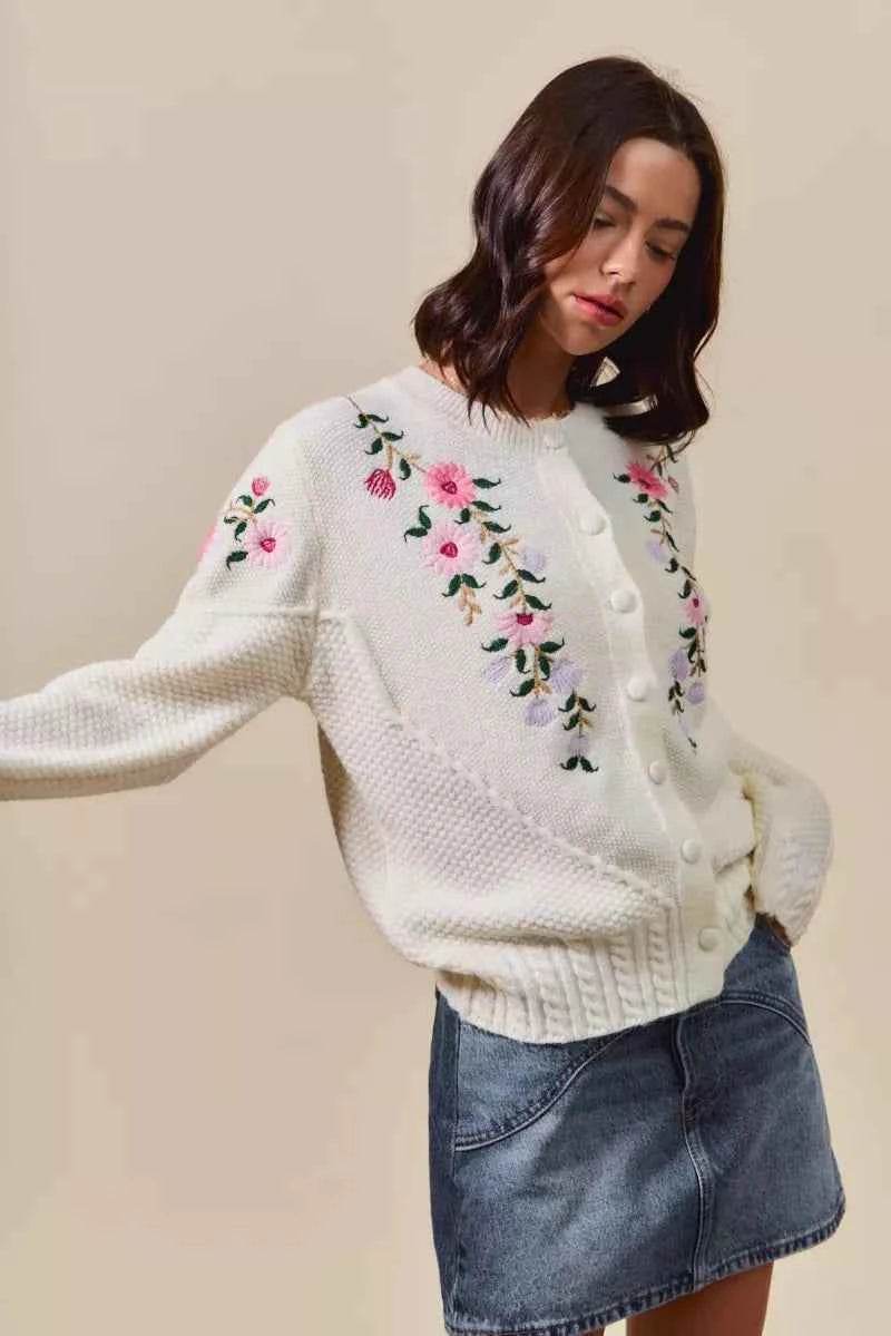 Floral Embroidered Coquette Sweater Cardigan - Akana Style